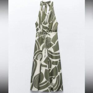 ZARA Nicole Halter Tie Green and White Printed Midi Dress